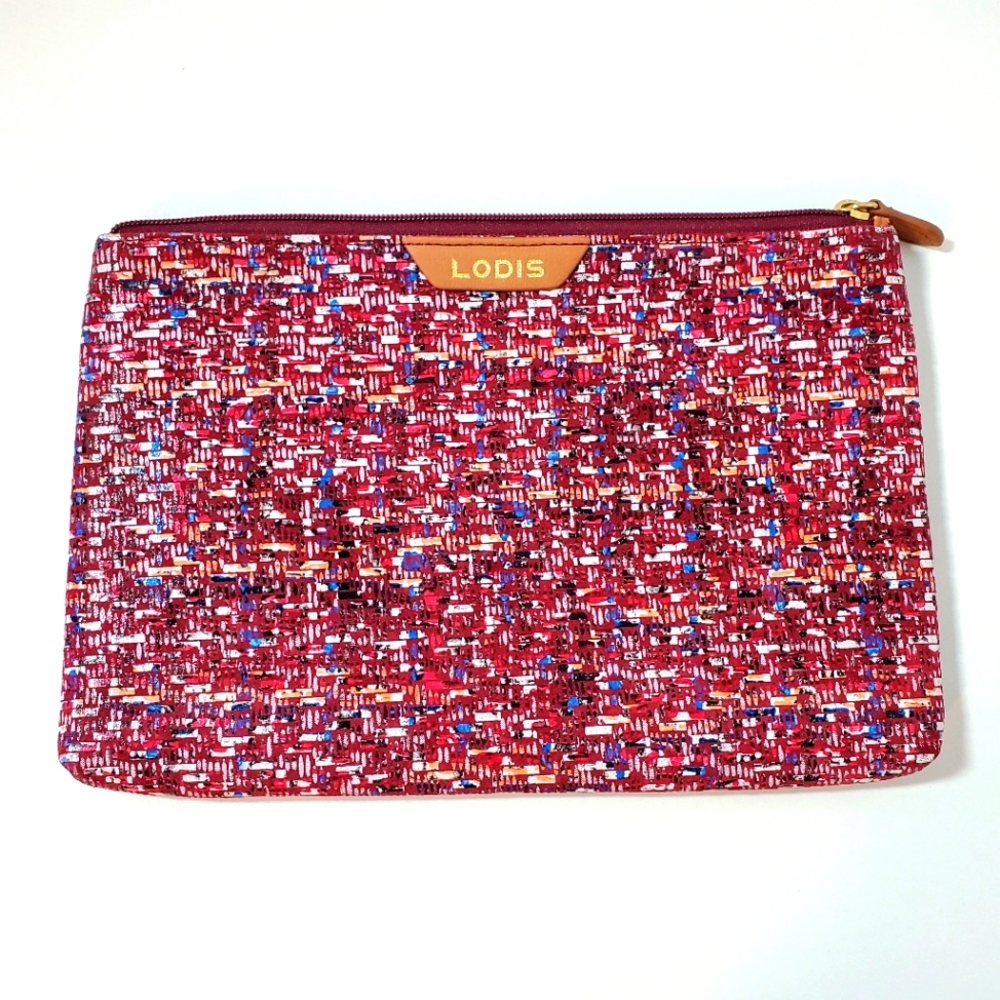 Lodis Tweetable Tweed RFID Printed Suede Leather Flat Zip Pouch - Brick Red